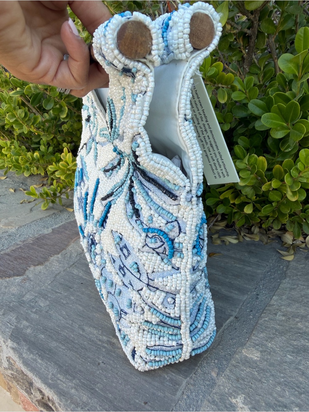 NWT BEADED PURSE Blue Floral BAG w Bamboo Handle Sequin Statement Bag - Picture 5 of 16